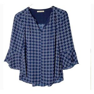 41 Hawthorne Blue Medallion Trellis Print Bell Flutter Flowy Sleeves Medium